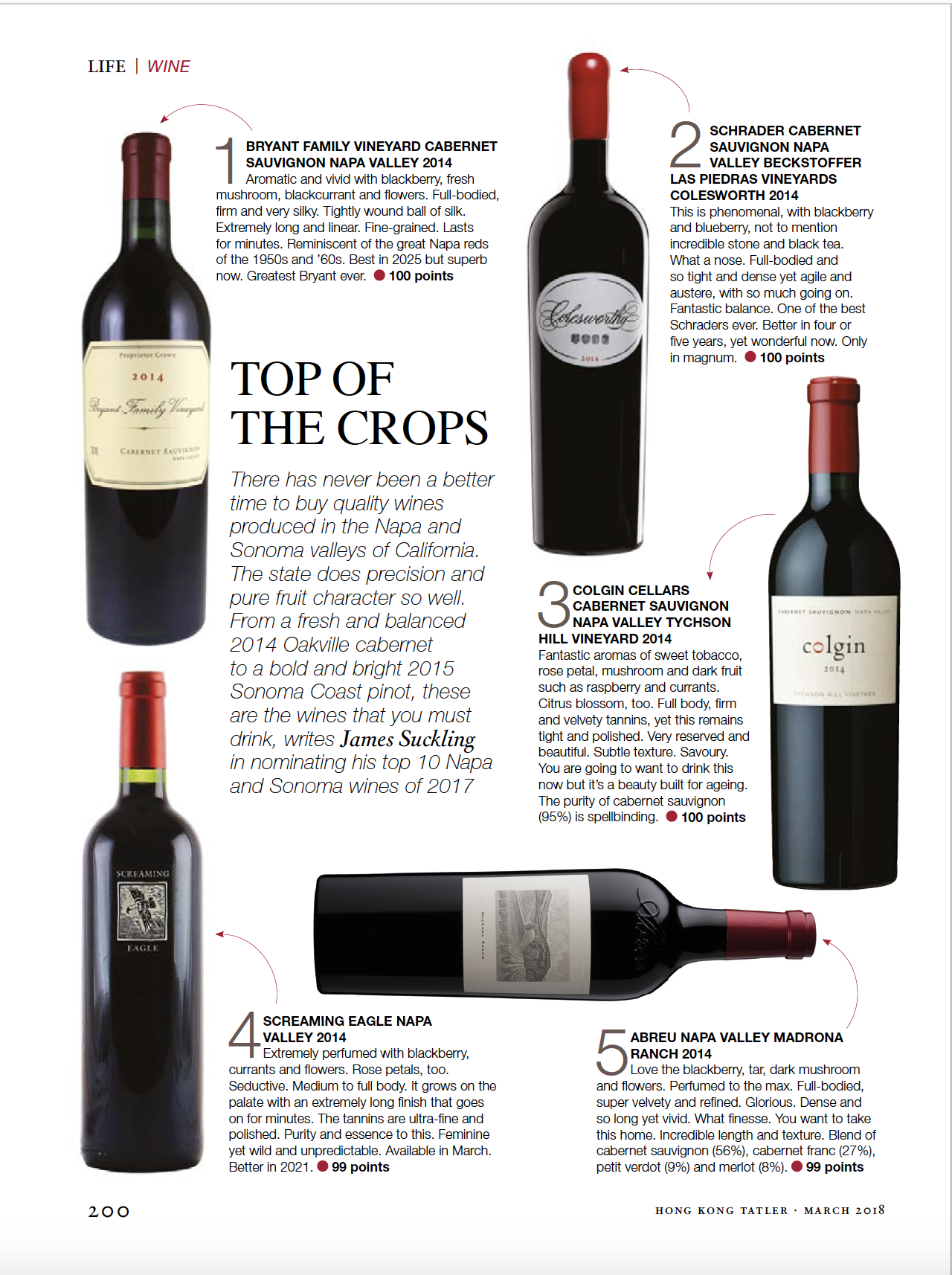 Tatler Report Top 10 Napa and Sonoma Wines of 2017