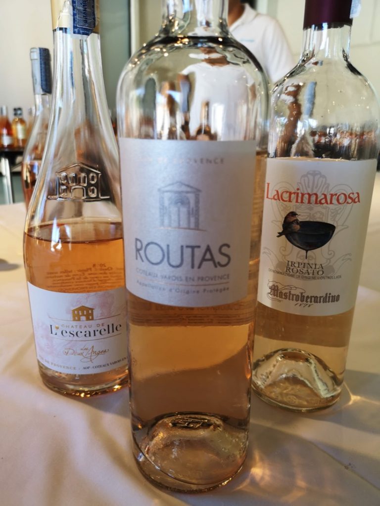 The winning Routas Coteaux Varois en Provence Rosé 2018 flanked by Mastroberardino Irpinia Lacrimarosa Rosato and Chateau de L’Escarelle Coteaux Varois en Provence.